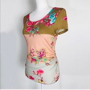 Etro Top Floral Ruched Short Sleeve Stretch Tee